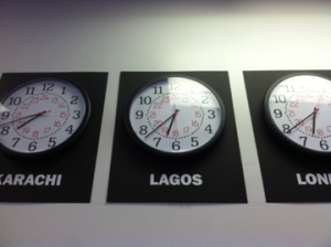 Clocks with times from around the world create a real newsroom feel in the 21st Century Newsroom